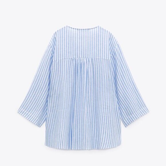 ZARA Blue and White Linen Blend Tunic Top Blouse with Gold Button Detail. Size S - Picture 2 of 14